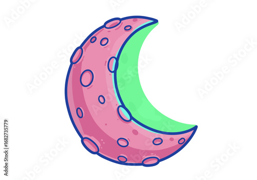 A pink moon crescent with craters and a green interior outlined in blue