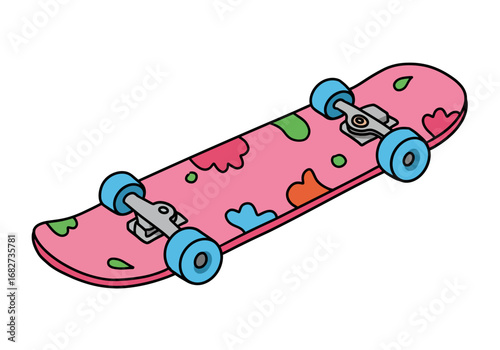 A pink skateboard with blue wheels and colorful abstract designs on top stands on a white background