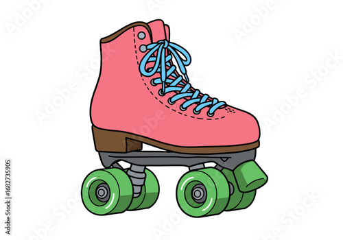 A single pink roller skate with blue laces and green wheels on a white background