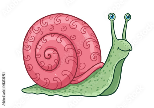 A smiling cartoon snail with a pink swirled shell and green bodyantennae against a white background