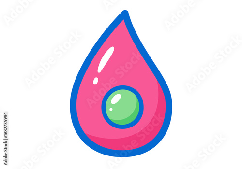 A teardrop shape with a pink hue outlined in blue and containing a green orb on a white background