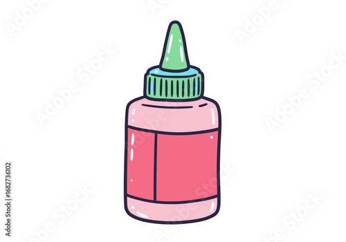 An eye drop bottle Pink bottle with green cap  tip pink label black outline