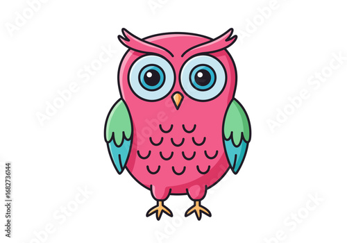 An owl with pink body green wings big blue eyes yellow beak and feet on a white background