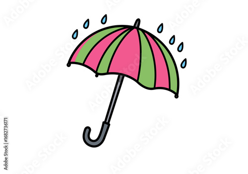 An umbrella with pink and green sections stands amidst falling raindrops