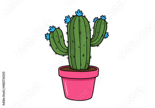 Cartoon cactus in a pink pot adorned with blue flowers and green thorns against a white background