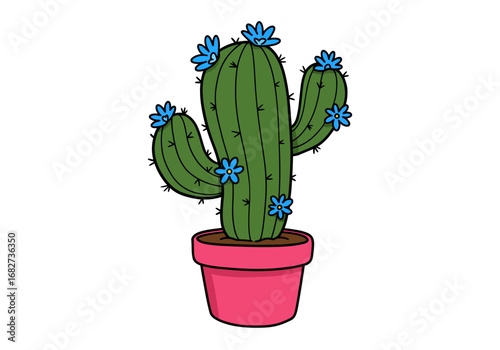 Cartoon cactus in pink pot adorned with blue flowers and tiny thorns