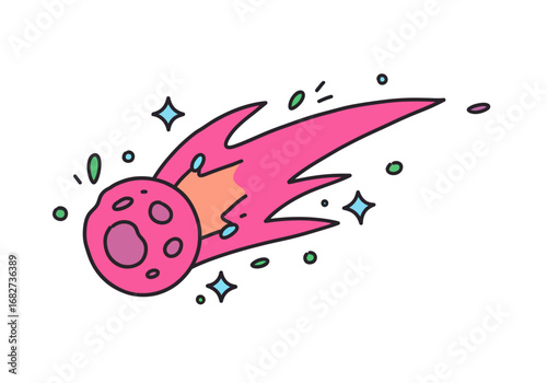 Cartoon comet pink meteorshaped with an orange flame and blue stars