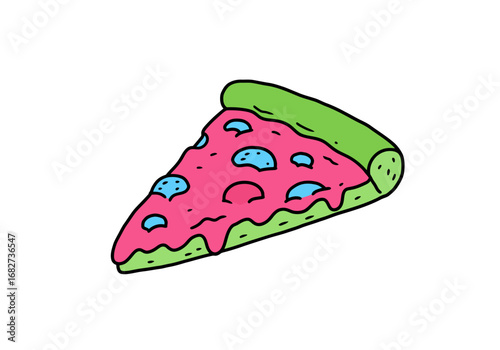Cartoon pizza slice with green crust pink sauce blue toppings and black outline