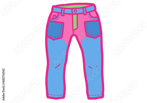 Cartoon pants are colored in pink blue and green