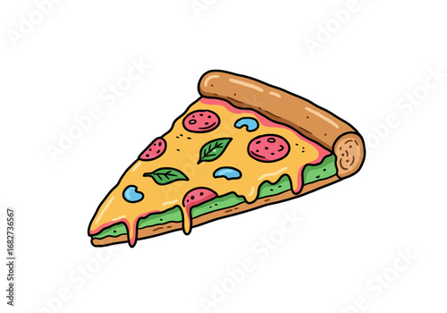 Cartoon pizza slice with crust toppings cheese and basil on a white background