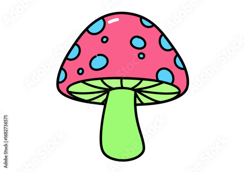 Cartoon mushroom pink cap blue spots green gills  stem