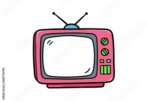 Cartoon television set pink with black antenna volume knobs and channel buttons