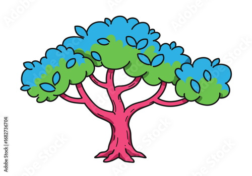 Cartoon tree with blue and green leaves thick pink trunk and black outlines