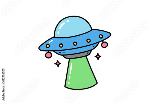 Cartoon UFO with blue dome  beam yellow lights  pink orbs