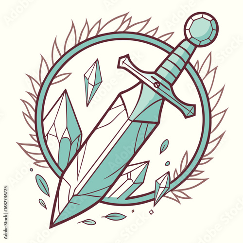 A stylized teal crystal sword with a faceted pommel set within a circular emblem surrounded by leaves and gems.