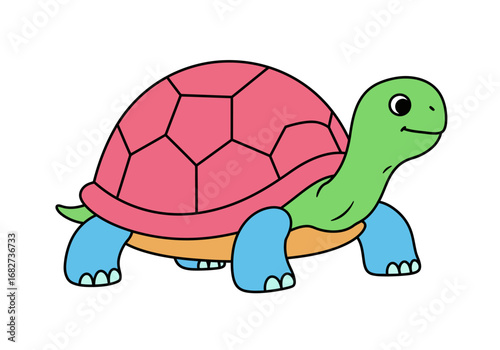 Cartoon turtle with pink shell green head blue feet yellow underbelly