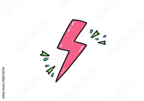 Cartoonish pink lightning bolt with green  blue zaps radiates energy against a blank white backdrop