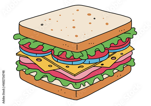 Cartoonish sandwich bread lettuce tomato cheese and ham are stacked between square slices of bread