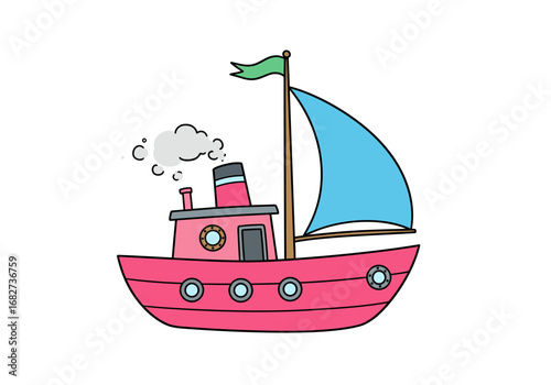 Cartoonstyle boat with pink body blue sail green flag  steam featuring round windows