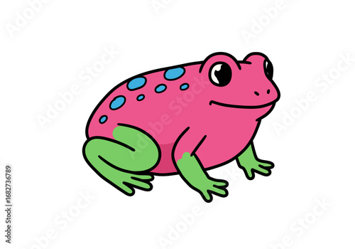 Cartoonstyle frog with pink body green legs and blue spots