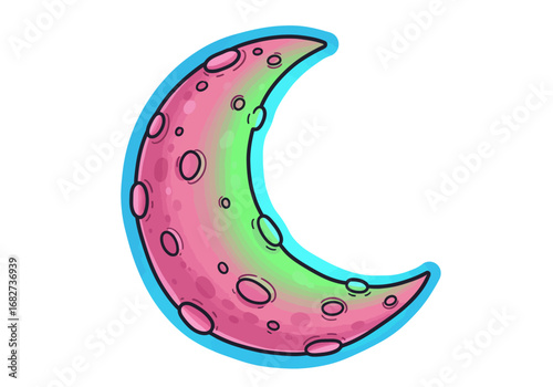 Crescent moon pink green with craters blue outline