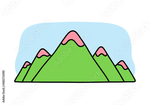 Green mountains with pink peaks against a light blue background
