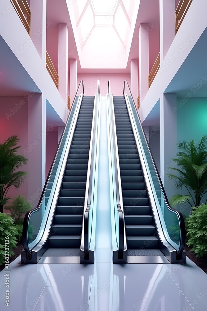 Fototapeta premium Symmetrical Escalator Interior in Pastel Colors