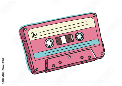 Pink audio cassette with labeled A tape rollers and screw details in a cartoon illustration style