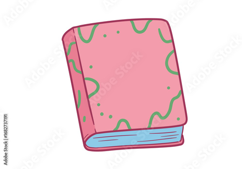 Pink book with light blue pages featuring rounded corners and green wavy linesdots design on the cover