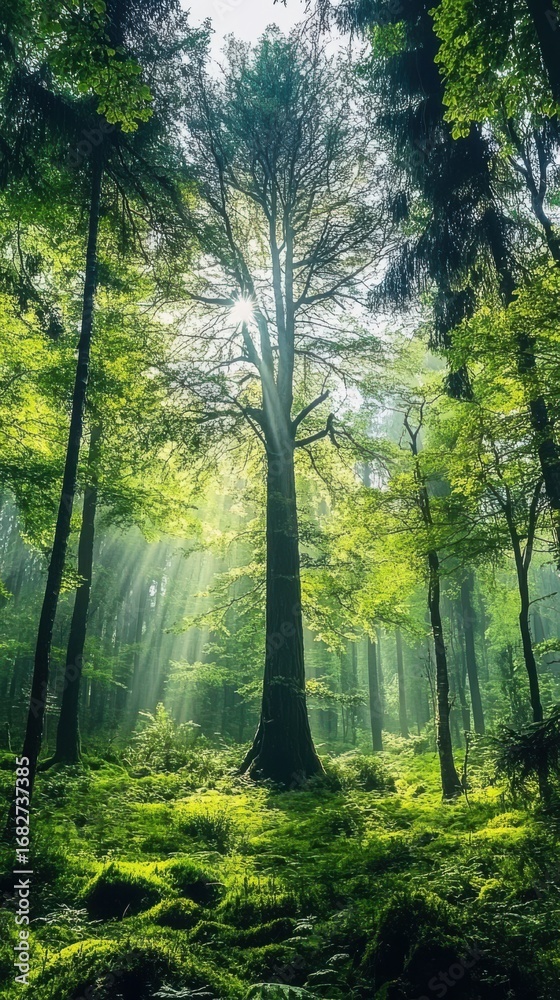 Obraz premium Sunlight streams through a lush green forest, illuminating a towering tree amidst a carpet of moss.