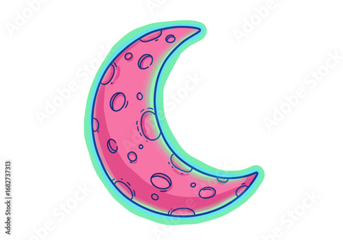 Pink crescent moon with darkblue craters outlined in blue and green