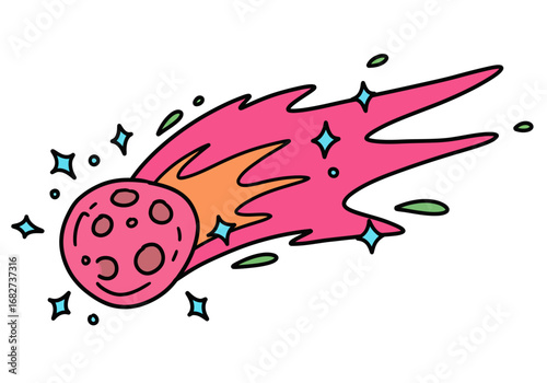 Pink comet with orange tail craters blue stars green blobs and black outline