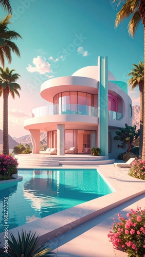 Modern villa with pool  palm trees  and light pink sunset tones