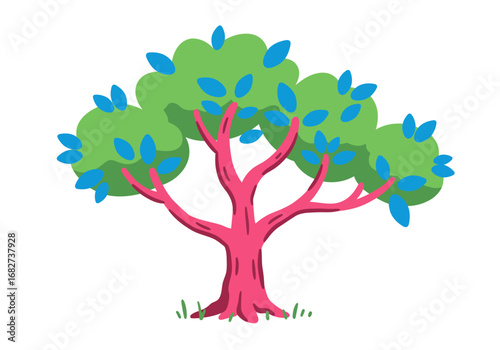 Tree with pink trunk green foliage and blue fruit standing on a small patch of grass