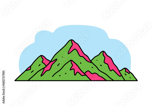 Vivid cartoonstyle mountains with pink accents set against a blue sky