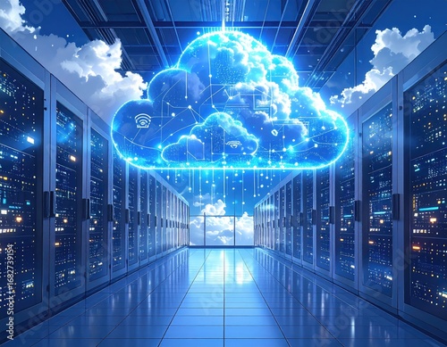 Illuminated data center hallway featuring a blue cloud network with connected icons against a cloudy sky, conveying modern tech