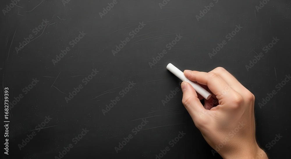 Naklejka premium Hand holding white chalk against a dark textured blackboard background writing drawing