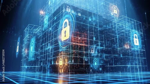 Digital representation of a secure data storage system with lock icons and glowing grid in a tech environment