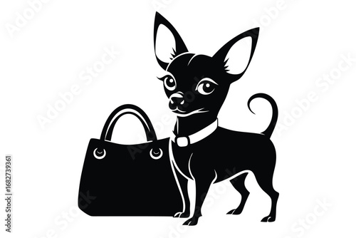Elegant Black Chihuahua Dog with Stylish Bag, Art on White Background