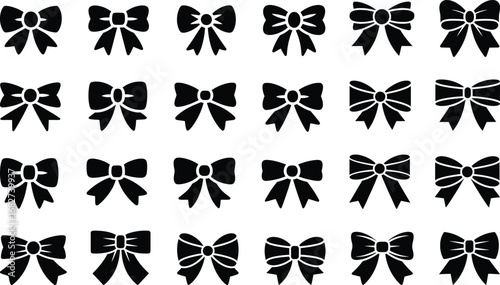 An elegant black silhouette ribbon bows vector collection showcasing diverse decorative graphic elements, perfect for gift wrap, fashion accessories, and celebration design projects.