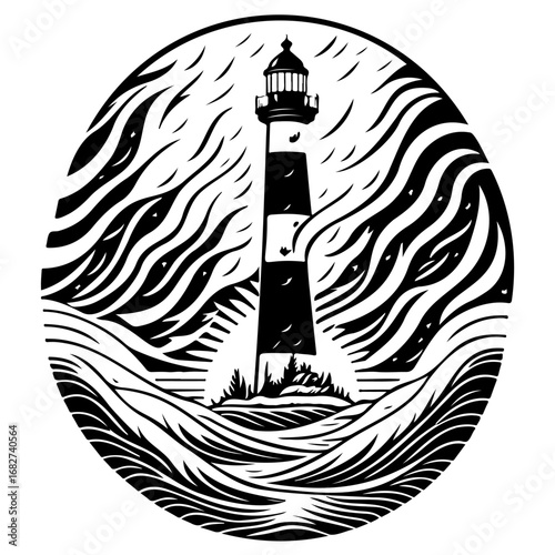 Monochrome coastal vigilance standing steadfast against stylized waves powerful symbol