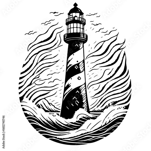 Monochrome depiction of a lighthouse against turbulent waves and birds soaring through the sky