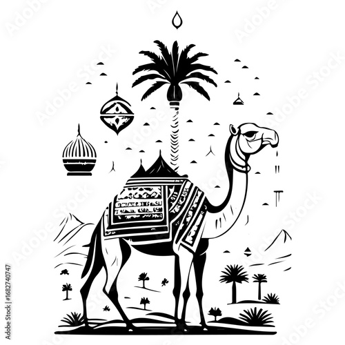 Monochrome depiction of a stylized camel amidst a desert landscape with symbolic cultural elements