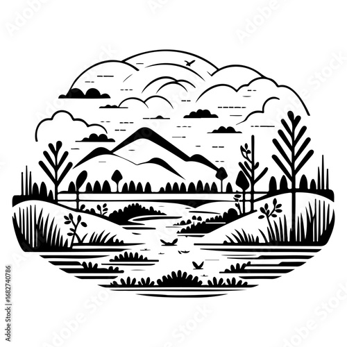 Monochrome depiction of mountainous serene landscape with winding river amid tranquil setting
