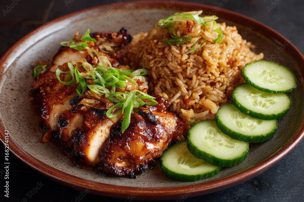 Fototapeta premium Grilled chicken with spicy fried rice and cucumber