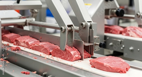 Food manufacturing of fresh meat with industrial cutting equipment