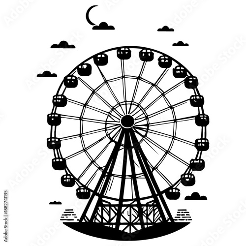 Monochrome ferris wheel silhouette evokes nostalgic carnival atmosphere under crescent moon