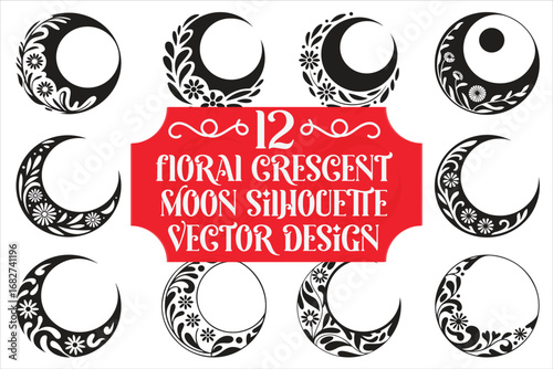 Floral crescent moon silhouette vector isolated on a white background
