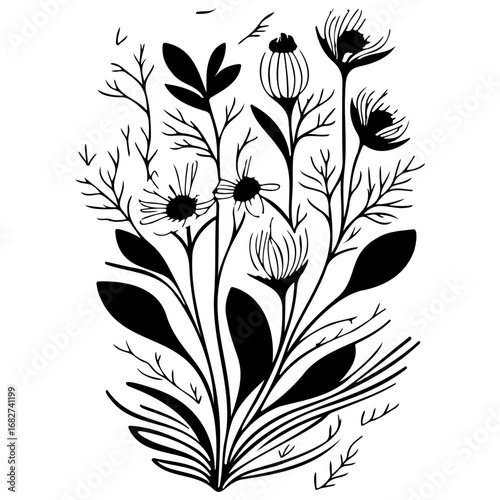 Monochrome floral arrangement of stylized botanicals featuring blooms leaves and delicate stems