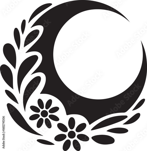 Floral crescent moon silhouette vector isolated on a white background